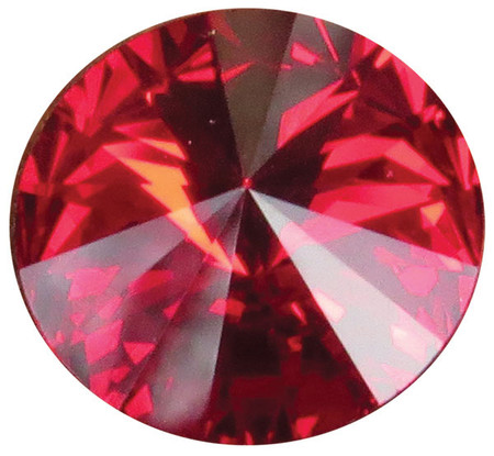 Round red crystal gemstone with a faceted cut design, featuring multiple reflective surfaces and a polished jewel-like appearance.


