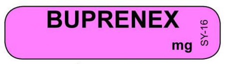 Pink BUPRENEX syringe label with bold black centered text