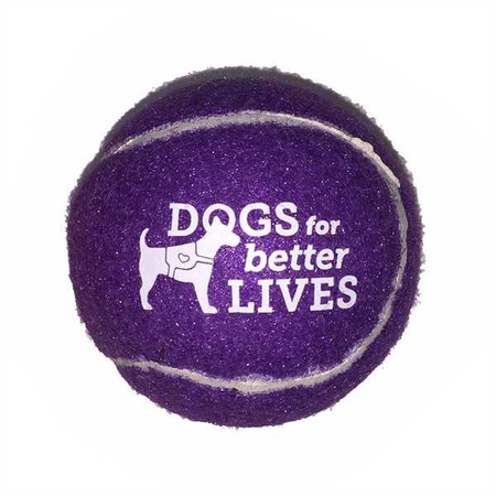 Purple personalized pet tennis ball with white "DOGS for better LIVES" text and a dog silhouette graphic featuring a small heart detail centered within the imprint area.

