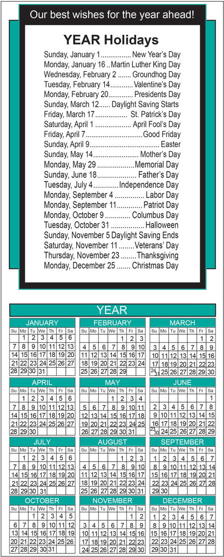 Slim calendar featuring a vibrant watercolor paw print with paint splash effects, teal month headers, gray background, and personalized business imprint area.