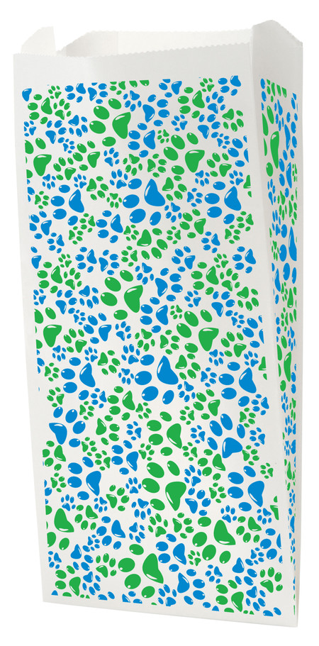White veterinary bag with green and blue paw prints in a repeating scattered pattern

