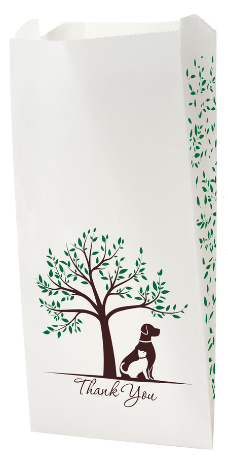 White veterinary bag with tree, dog and cat silhouette, green leaves, and “Thank You” text

