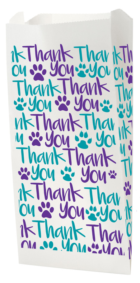 White veterinary bag with repeating purple and teal “Thank You” text and paw prints

