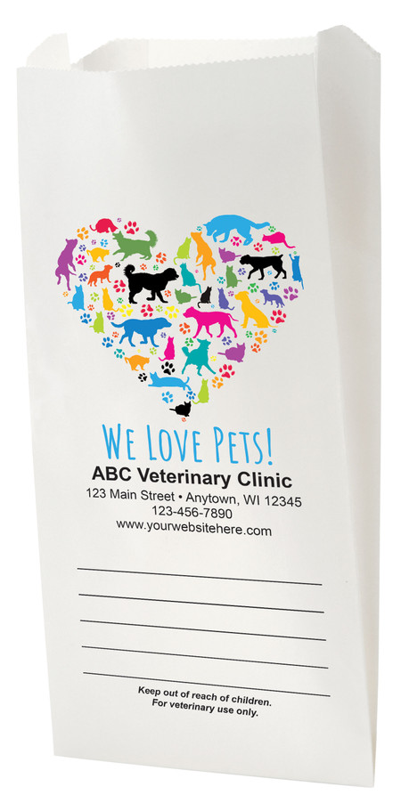 White flat bottom veterinary prescription bag featuring a heart shape made of colorful dog and cat silhouettes with paw prints, “WE LOVE PETS!” text, and a write-on panel below