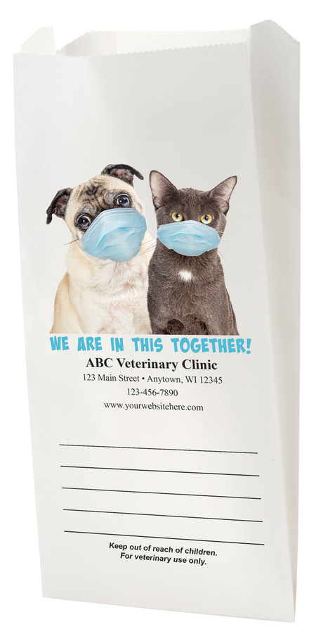 White Paper veterinary prescription bag with pets wearing medical masks design.