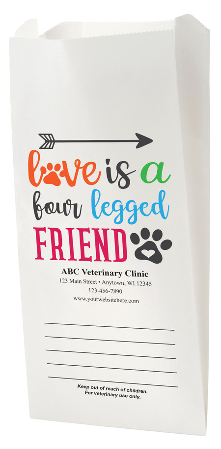 White Paper veterinary prescription bag with Love Is a Four Legged Friend design.