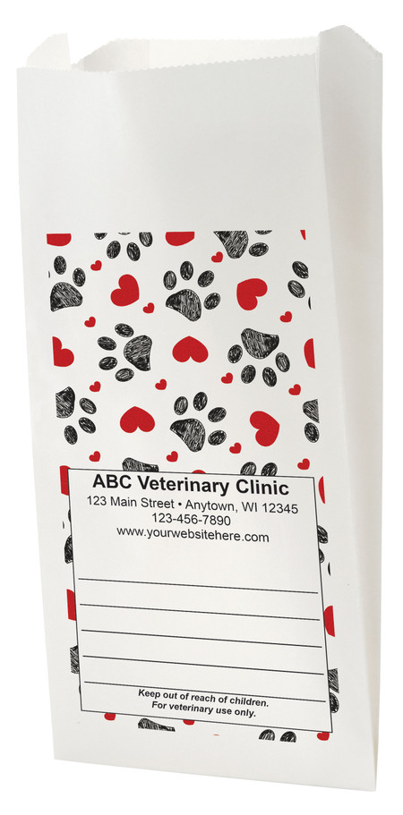 White Paper veterinary prescription bag with heart and paw print pattern