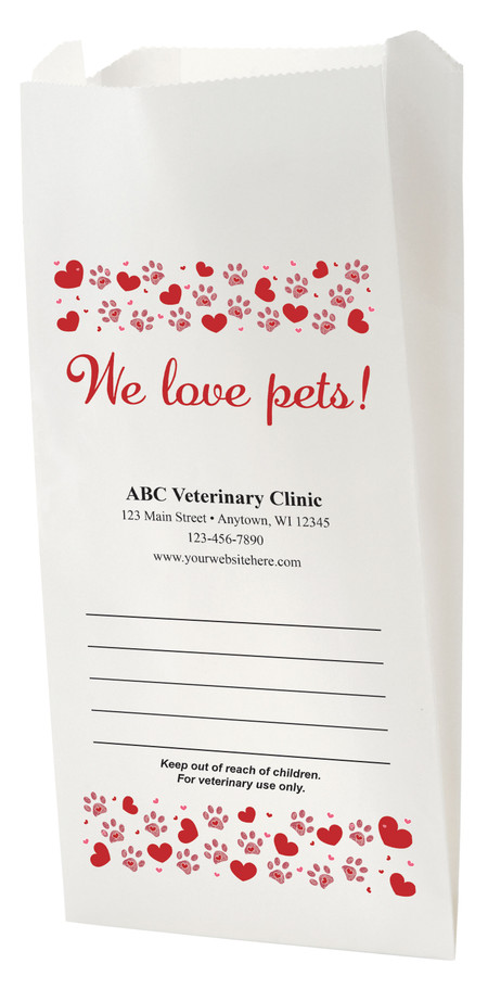 White Paper veterinary prescription bag with heart and paw print border and We Love Pets design.