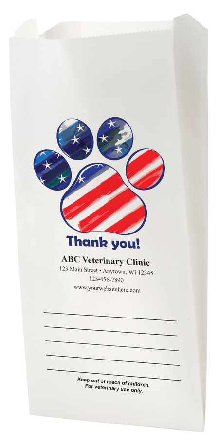 White Paper veterinary prescription bag with patriotic paw print design.