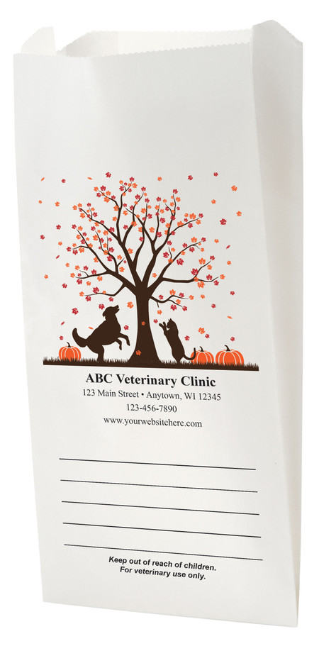 White Paper veterinary prescription bag with autumn tree, falling leaves, and pet silhouettes.