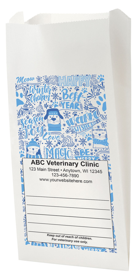 White Paper veterinary prescription bag with winter-themed pet typography design.