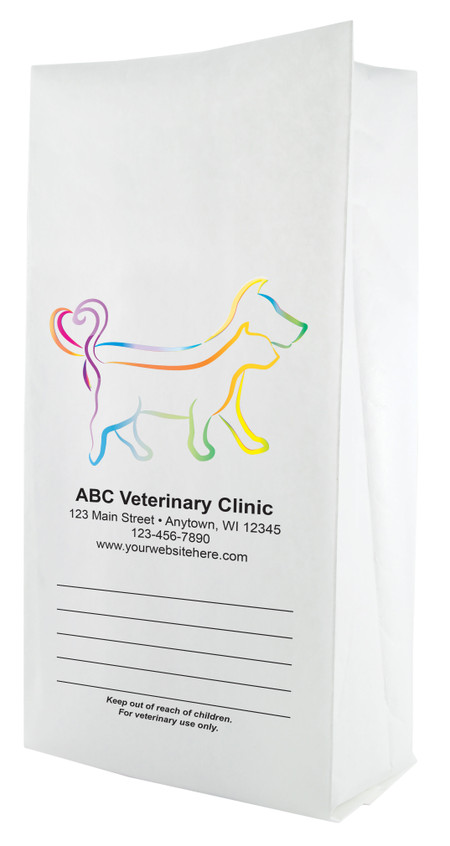 White paper veterinary prescription bag featuring veterinary prescription bags with colorful dog and cat line art design