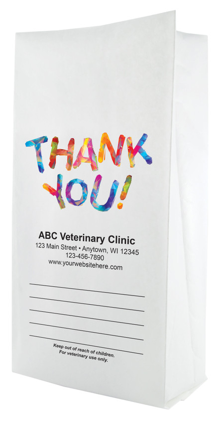 White paper veterinary prescription bag featuring veterinary prescription bags with bold geometric Thank You design