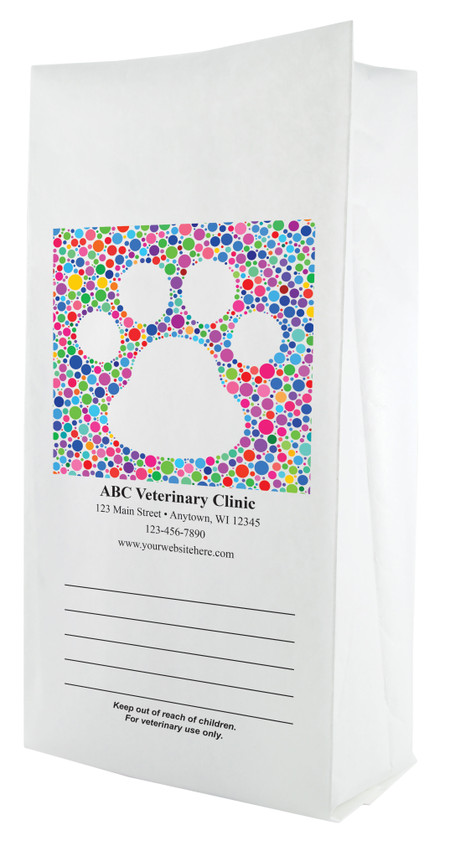 White paper veterinary prescription bag featuring veterinary prescription bags with colorful dot paw print design