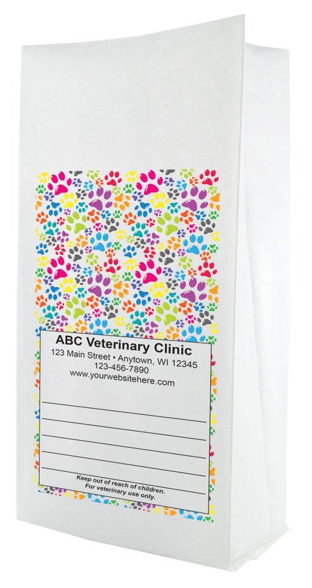 White paper veterinary prescription bag featuring veterinary prescription bags with colorful paw print pattern design