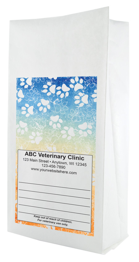 White paper veterinary prescription bag featuring veterinary prescription bags with soft gradient and paw print pattern