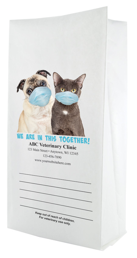 White paper veterinary prescription bag featuring veterinary prescription bags with dog and cat wearing masks and We Are in This Together design