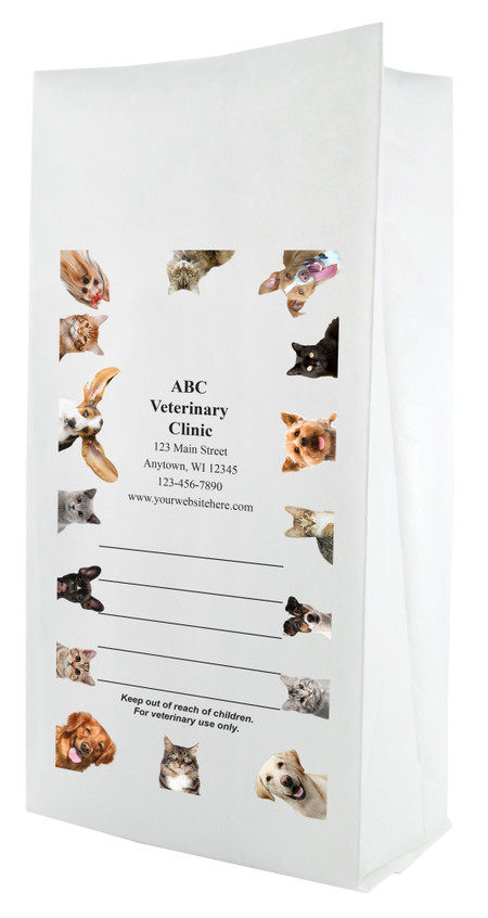 White paper veterinary prescription bag featuring veterinary prescription bags with real pet photo border design