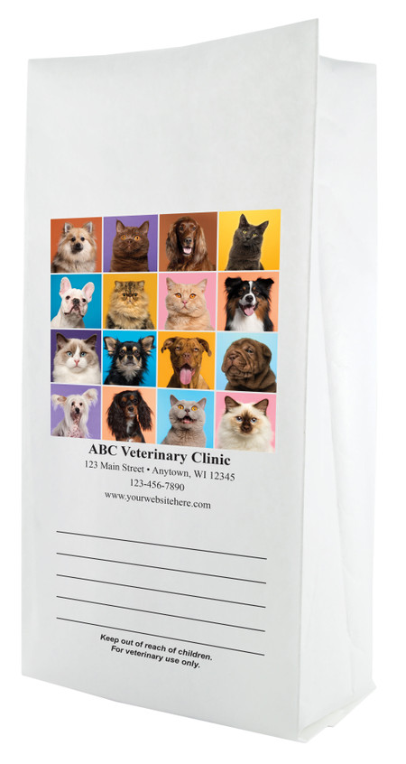 White paper veterinary prescription bag featuring veterinary prescription bags with colorful pet photo grid design
