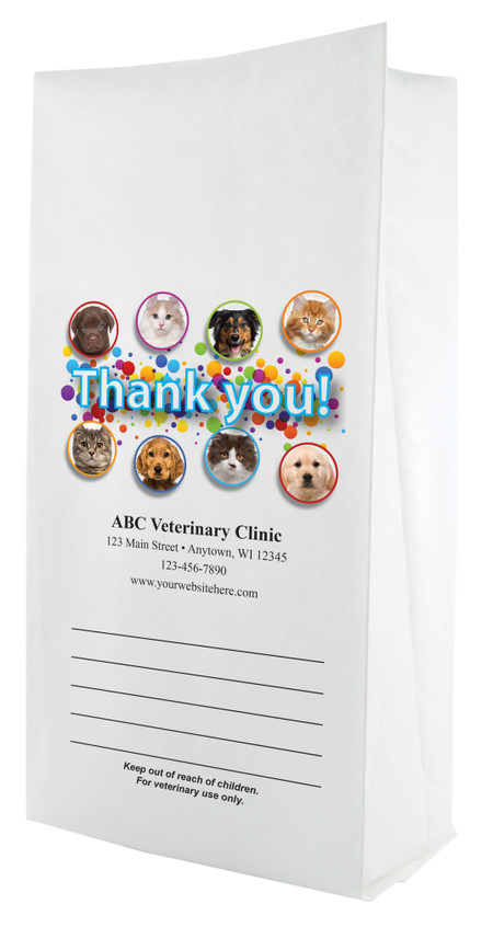 White paper veterinary prescription bag featuring veterinary prescription bags with colorful pet icons and bold Thank You design