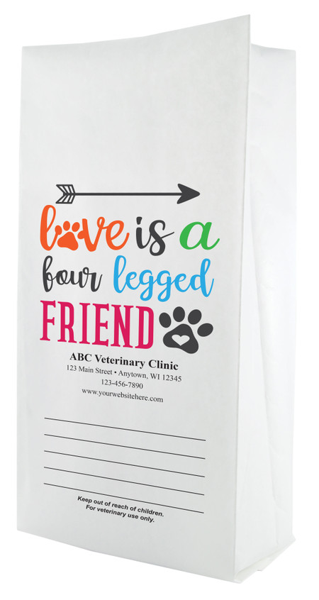 White paper veterinary prescription bag featuring veterinary prescription bags with Love Is a Four Legged Friend design