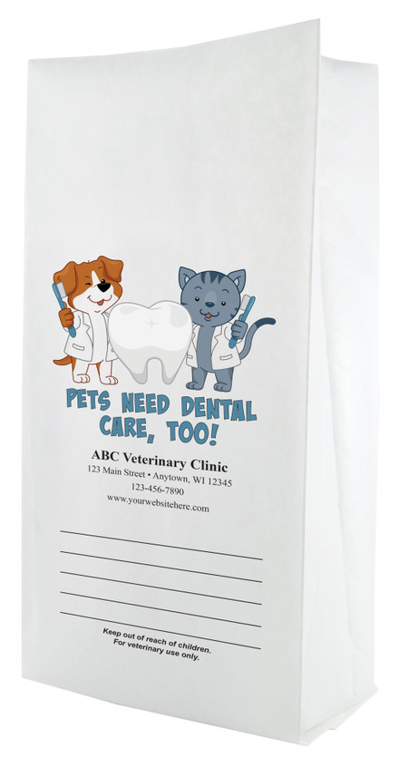 White paper veterinary prescription bag featuring veterinary prescription bags with cute pet dental care cartoon design