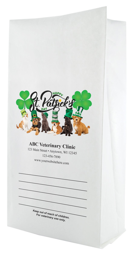White paper veterinary prescription bag featuring veterinary prescription bags with St