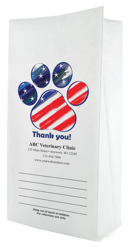 White paper veterinary prescription bag featuring veterinary prescription bags with patriotic paw print and Thank You design