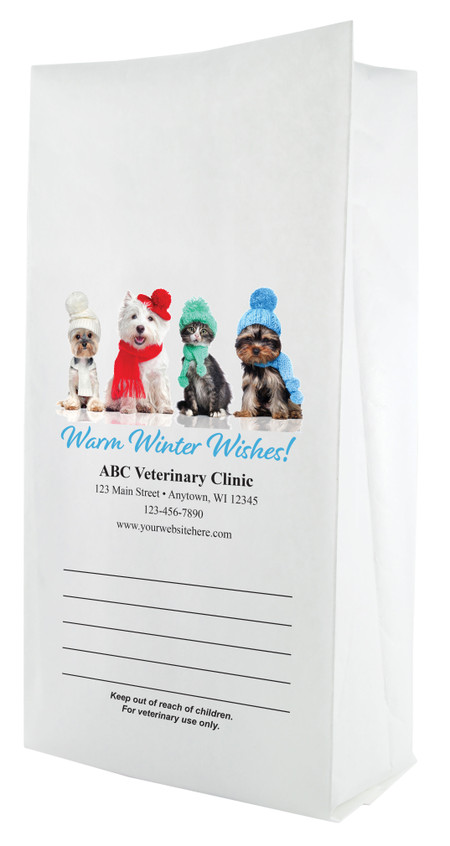 White paper veterinary prescription bag featuring veterinary prescription bags with adorable winter pets and Warm Winter Wishes design