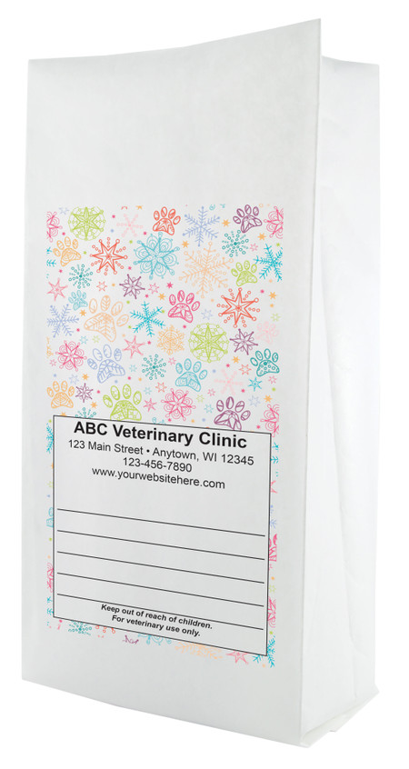 White paper veterinary prescription bag featuring veterinary prescription bags with colorful snowflakes and paw prints pattern