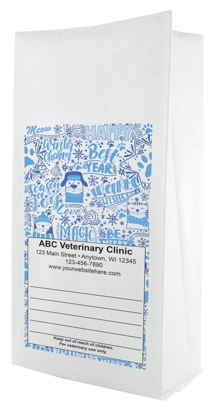 White paper veterinary prescription bag featuring veterinary prescription bags with winter-themed pet typography and snowflake design