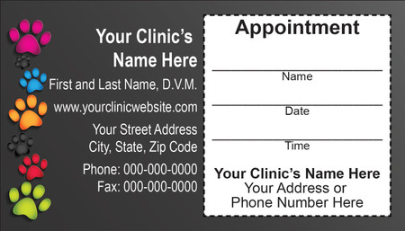Veterinary sticker appointment business card with colorful paw prints on a dark gray background and peel-off appointment reminder section.

