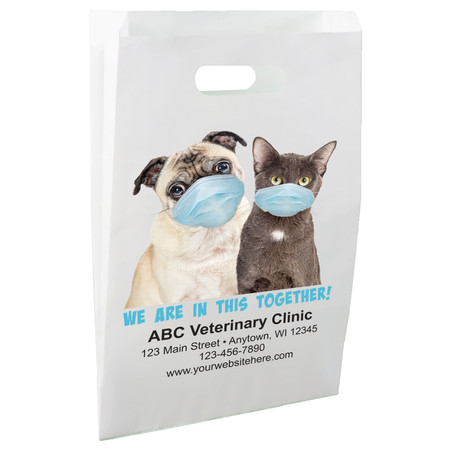 White die-cut handle paper bag featuring a dog and cat wearing blue face masks above the message "WE ARE IN THIS TOGETHER!"

