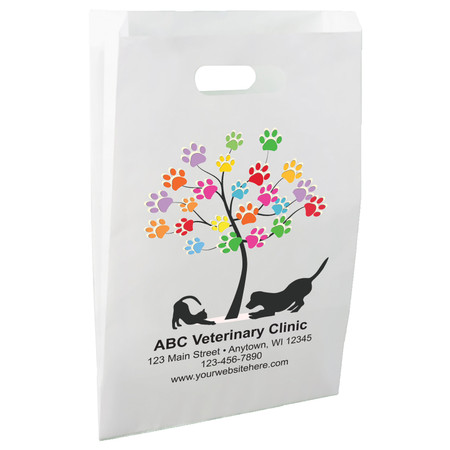 White die-cut handle paper bag featuring a colorful paw print tree with dog and cat silhouettes.


