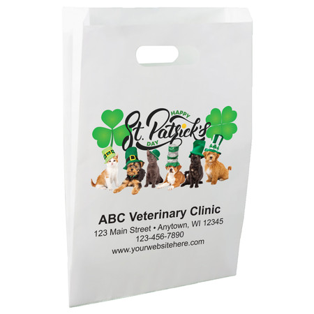 White die-cut handle paper bag featuring dogs and cats in green St. Patrick's Day hats with shamrocks and a Happy St. Patrick's Day message.

