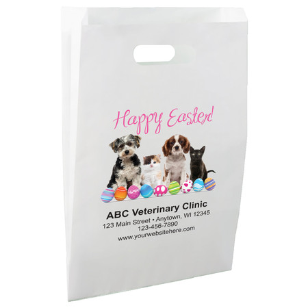 White die-cut handle paper bag featuring red hearts, pink paw prints, and the phrase "We love pets!" with matching top and bottom borders.

