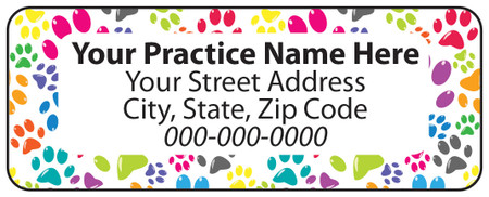 Veterinary label with colorful paw print border and centered address text