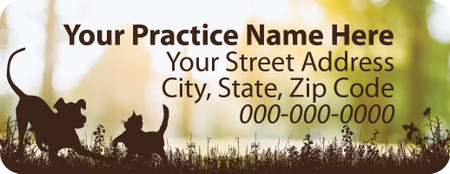 Veterinary label with outdoor background and running dog and cat silhouettes