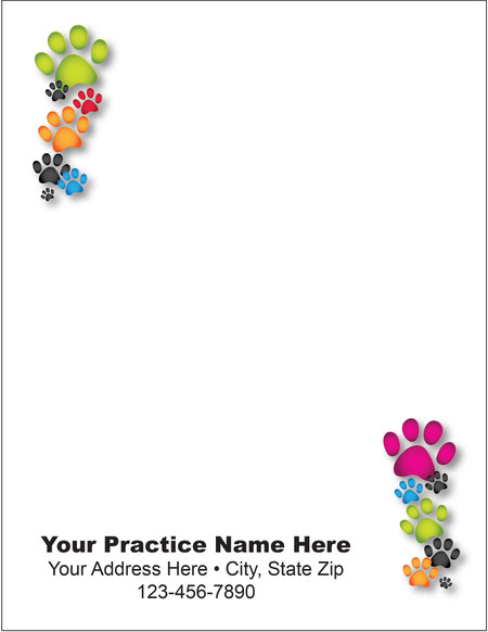 Quarter-size veterinary notepad with colorful green, pink, orange, blue, and black paw print borders in opposite corners and clinic information area.

