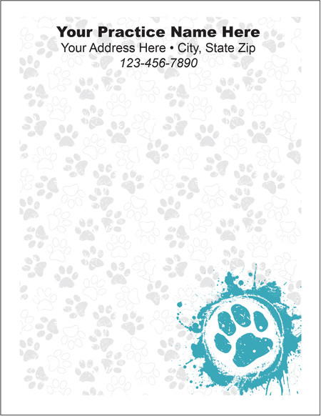 Gray paw print pattern background with a large blue paw print accent in the lower right corner and veterinary practice information at the top.

