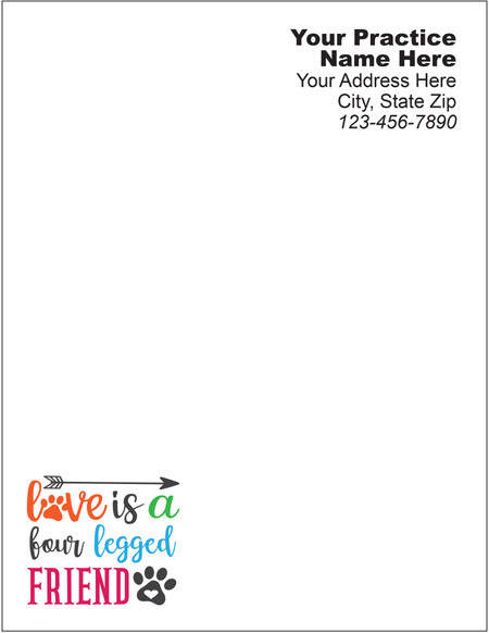 Colorful "Love is a Four Legged Friend" quote with paw print accents and arrow graphic positioned in the lower left corner.

