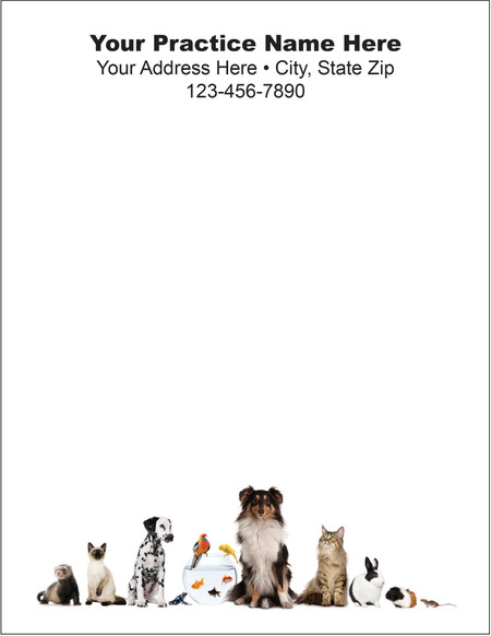 Companion animal collection featuring a ferret, cats, dogs, fish bowl, rabbit, guinea pig, and mouse along the bottom of the notepad.

