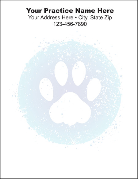 Large white paw print inside a soft blue circular background with splatter accents and personalized veterinary practice information at the top.

