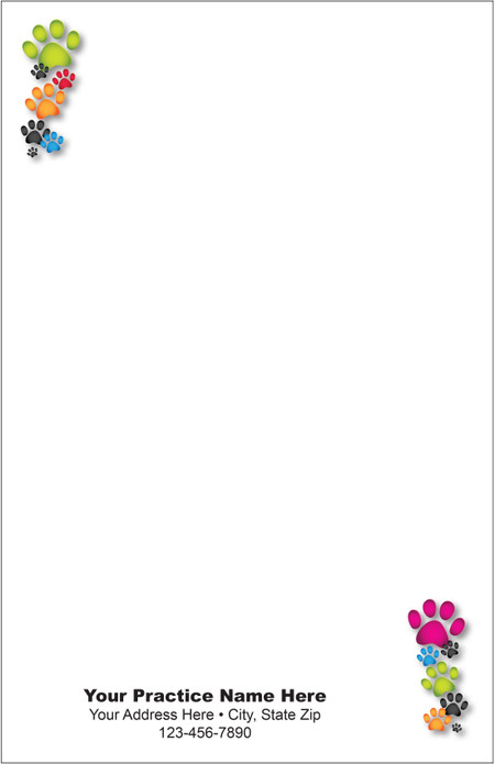 Half-size veterinary notepad with colorful paw print clusters in the upper left and lower right corners, gray background, and practice information area at the bottom.

