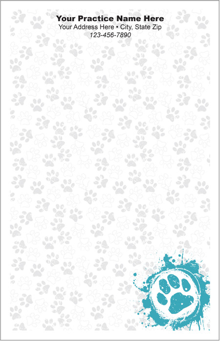 Half-size veterinary notepad with a gray all-over paw print pattern and a large blue paw print graphic in the lower right corner.


