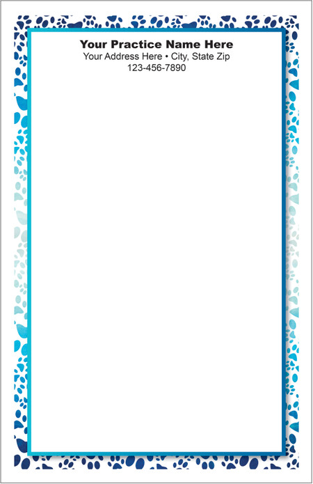 Half-size veterinary notepad featuring a blue paw print border surrounding a large central writing area with practice information centered at the top.

