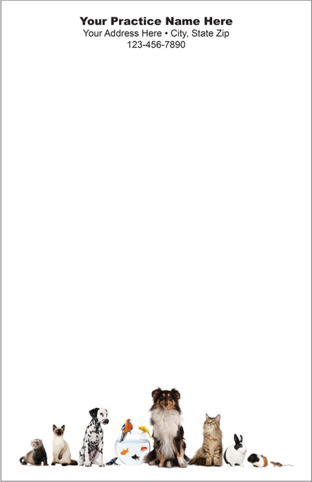 Half-size veterinary notepad featuring a lineup of dogs, cats, birds, fish, rabbit, ferret, guinea pig, and mouse along the bottom of the page.

