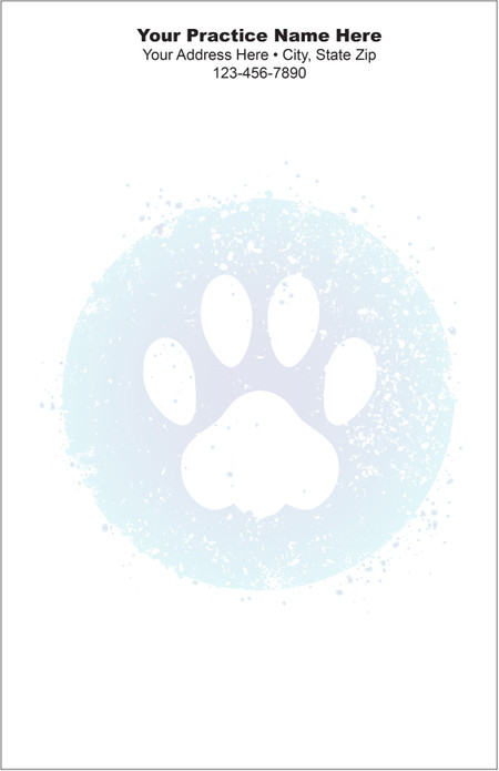 Large white paw print inside a light blue circular design with a distressed splatter border, centered on a half-size veterinary notepad.

