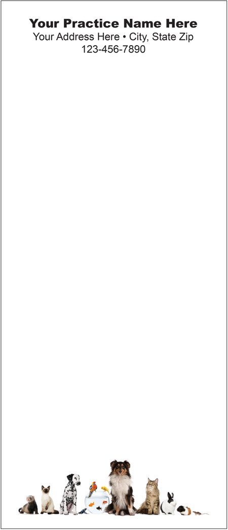 Tall veterinary notepad featuring a collection of companion animals including a ferret, cats, dogs, birds, fish bowl, rabbit, guinea pig, and mouse along the bottom.

