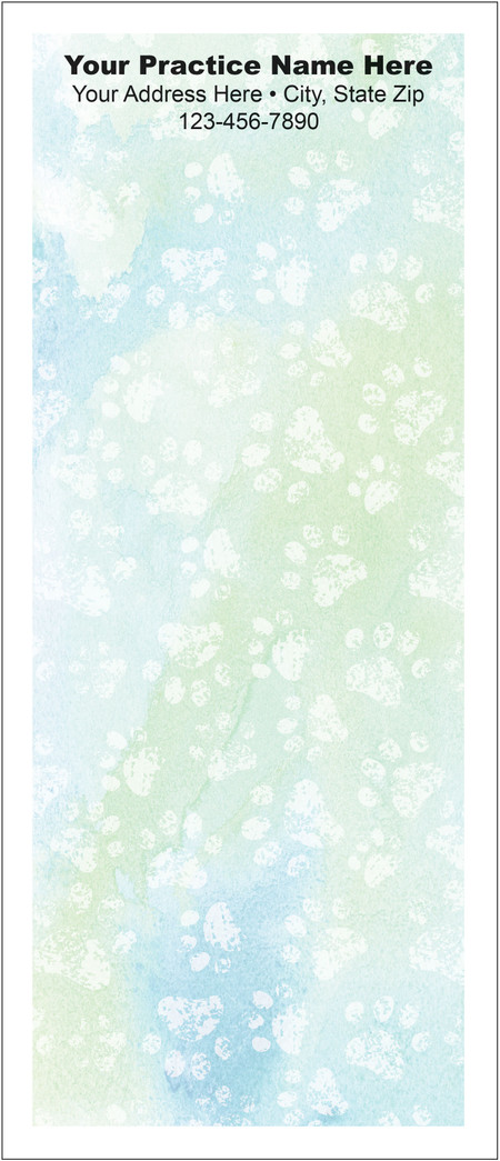 Tall veterinary notepad with a soft blue and green watercolor background featuring scattered white paw prints and practice information printed at the top.

